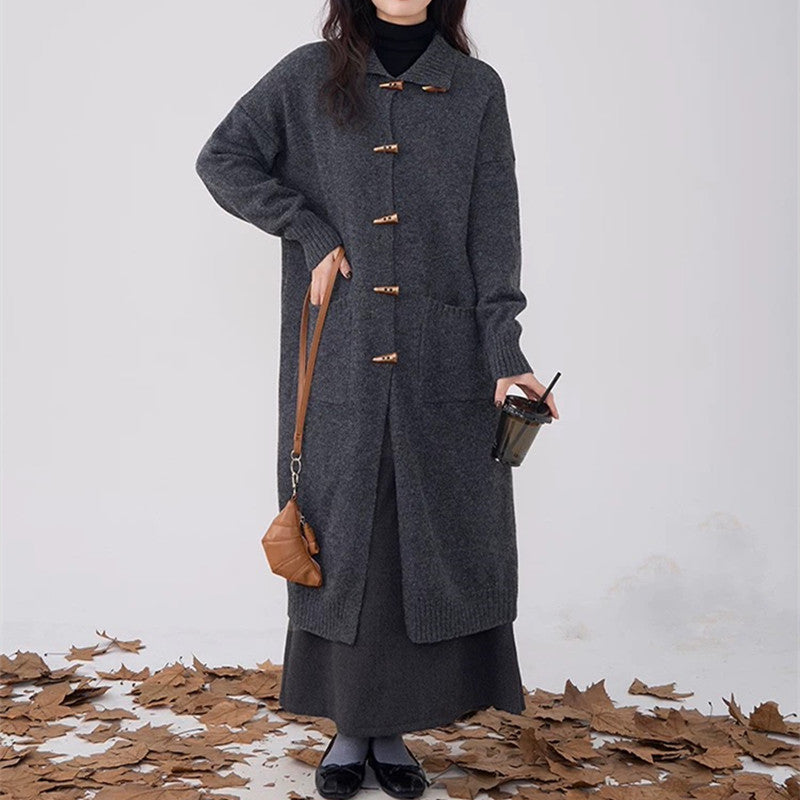 Damen langer Strickmantel mit Knöpfen und praktischen Taschen R&B
