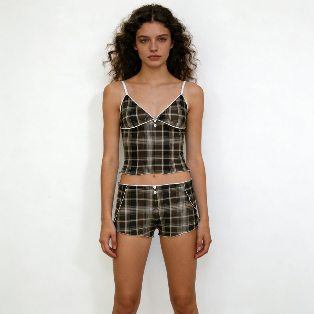 Damen Schlafanzug mit Karomuster und elegantem Spitzendetail R&B