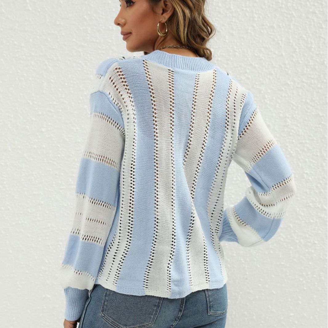 Damen Modischer V-Pullover mit strukturiertem Lochmuster und kontrastierenden Akzenten R&B