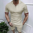 Herren nan sommerliches Kapuzen-Lounge-Set in leichter Waffelstruktur mit Kurzarm-Hoodie Henley-Öffnung und Komfort-Shorts R&B