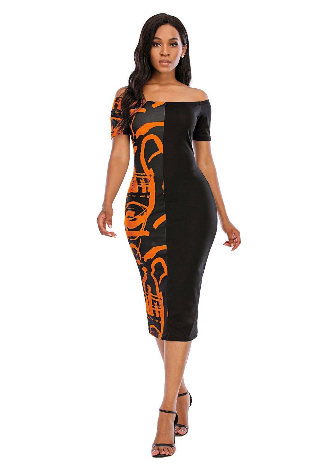 Damen Elegantes Off-Shoulder-Midikleid mit grafischem Druck und taillierter Silhouette R&B