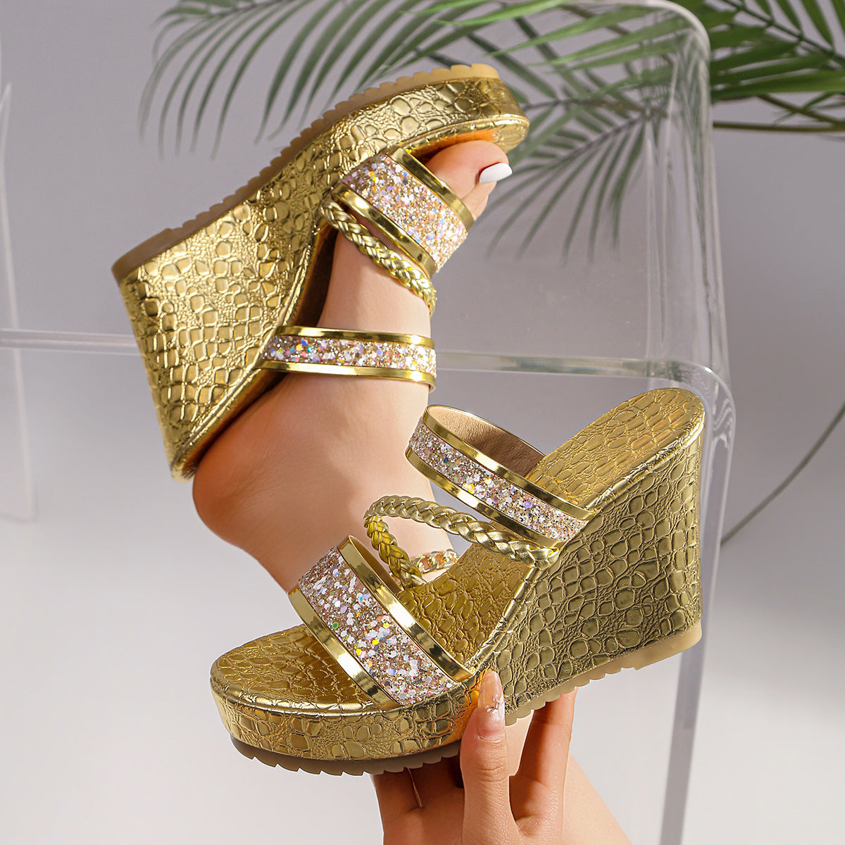 Damen Wedge-Sandalen mit funkelnden Akzenten und elegantem Krokodil-Design R&B