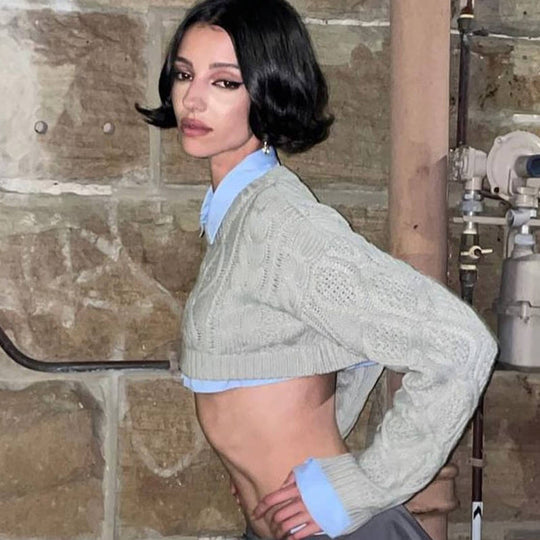 Damen Strickpullover im lässigen Cropped-Stil mit Zopfmuster R&B