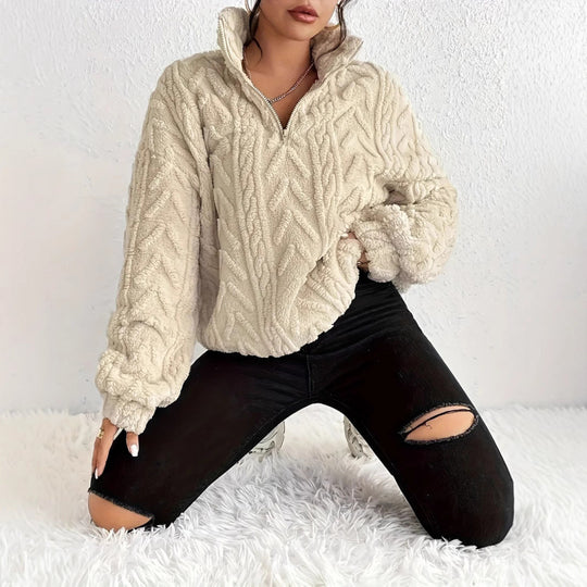 Damen kuscheliger Fleece-Pullover mit hochgeschlossenem Kragen und Reißverschluss R&B