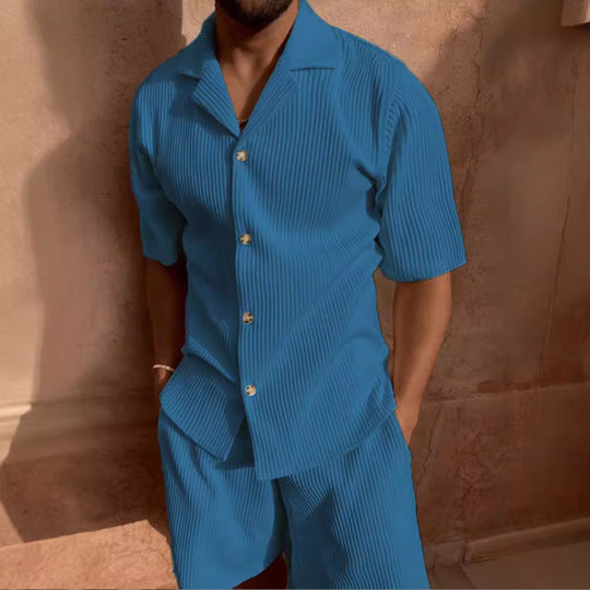Herren Kurzarm Set aus atmungsaktivem Rippstoff mit moderne Knopfleiste R&B