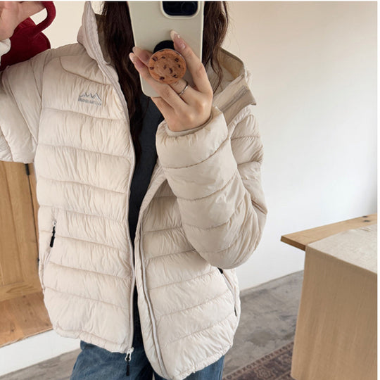 Damen ultraleichte Pufferjacke mit abnehmbarer Kapuze und elastischem Saum R&B