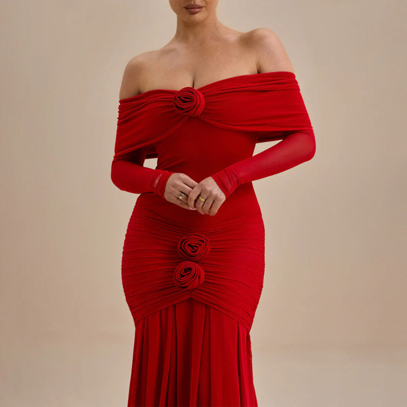 Damen Maxikleid mit schulterfreier Silhouette und dekorativen Rosen R&B