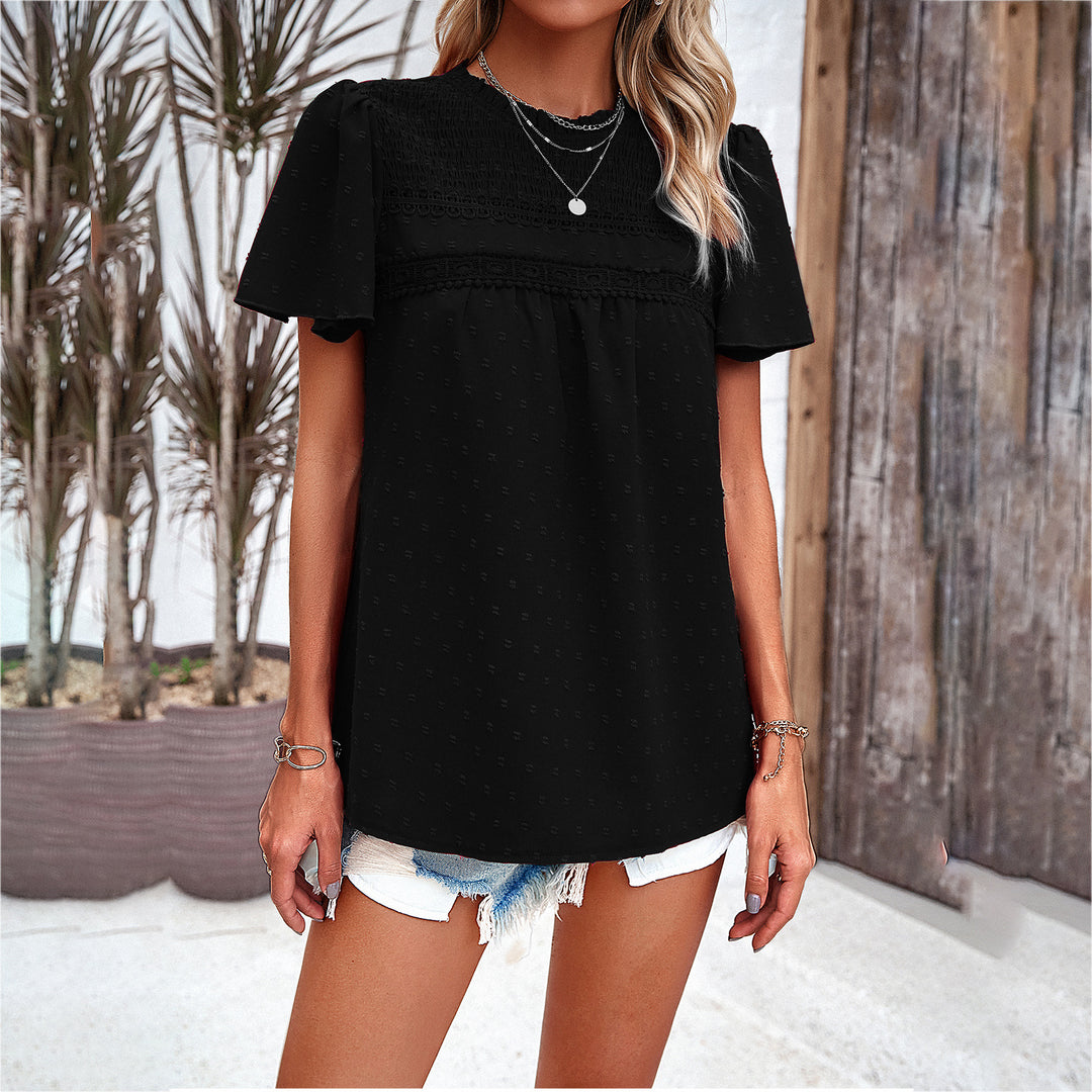 Damen Bluse mit Puffärmeln und dekorativer Spitzenverarbeitung R&B