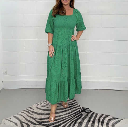 Damen Langarm Abendkleid mit luftiger Spitze und elegantem Rüschensaum Heidi-Mode