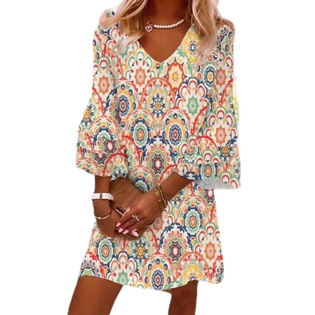 Damen nan locker fallendes A‑Linien‑Minikleid mit V‑Ausschnitt dreiviertel‑Glockenärmeln und ornamentalem Mandala‑Print R&B