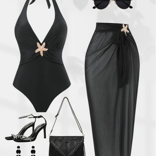 Damen Halterneck Bademode mit transparentem Pareo R&B