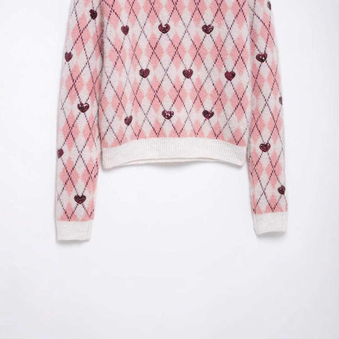 Damen Pullover mit herzförmigem Pattern und Glitzerelementen R&B