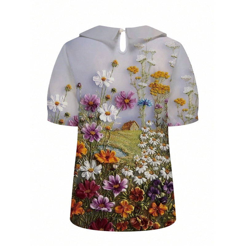 Damen Kurzarmbluse mit floralen Akzenten und klassischem Kragen R&B