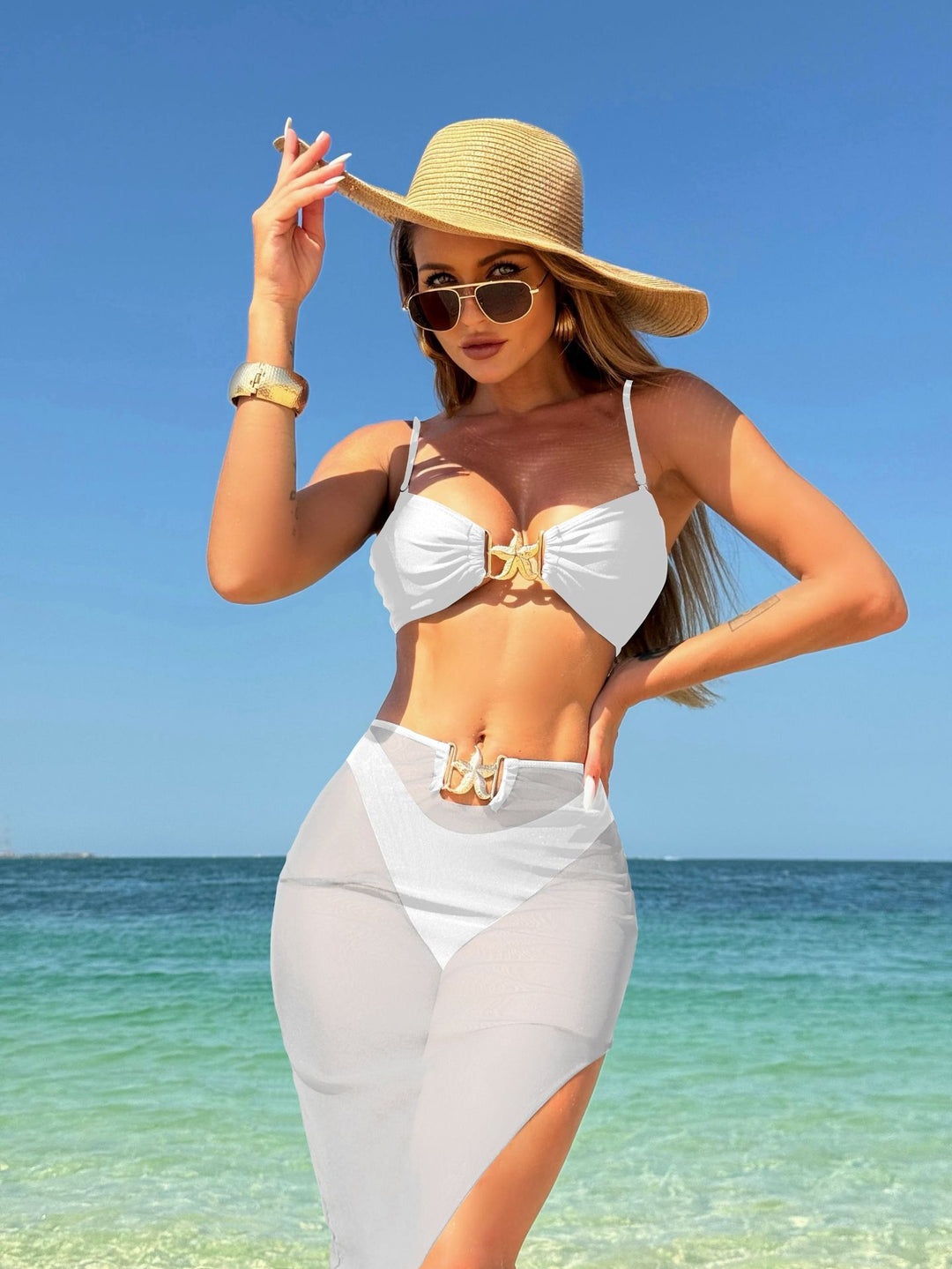 Damen Bikini mit einzigartiger Schnalle und transparentem Rock R&B