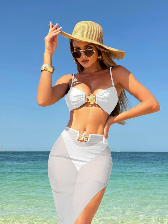 Damen Bikini mit einzigartiger Schnalle und transparentem Rock R&B