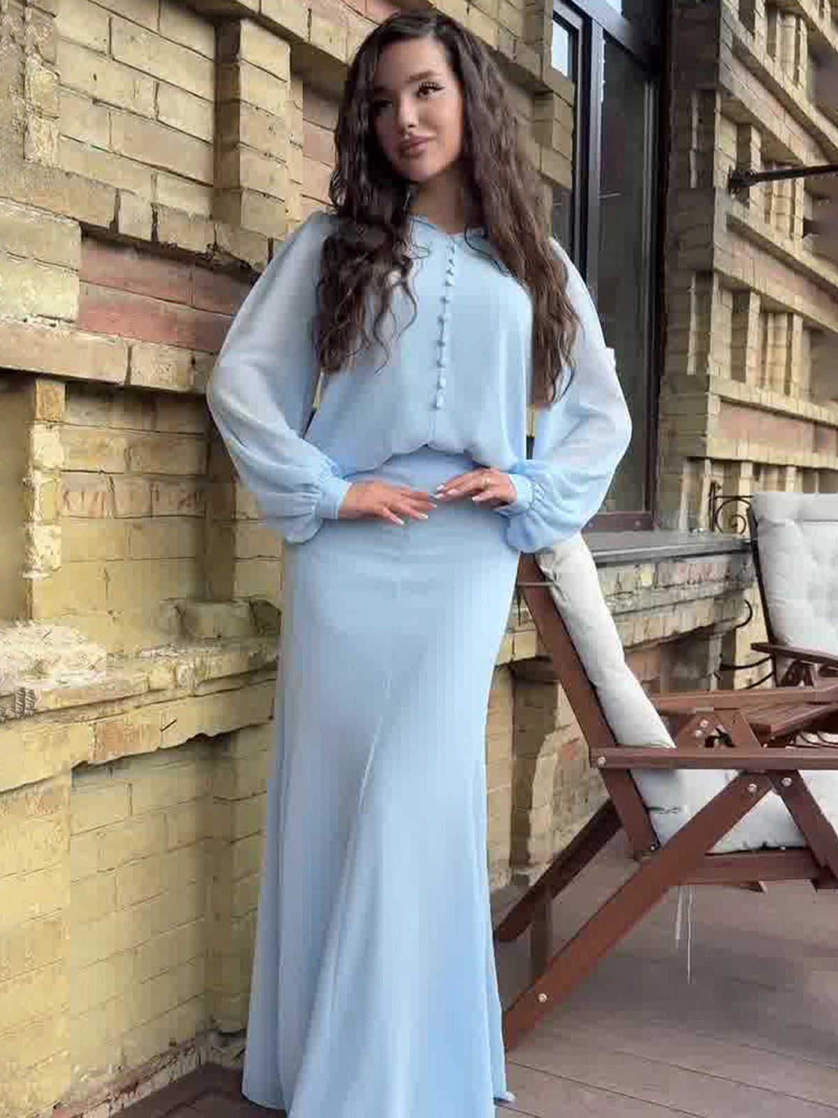 Damen Elegantes Maxi-Kleid mit transparenten Ärmeln und Hochgeschlossenem Design R&B