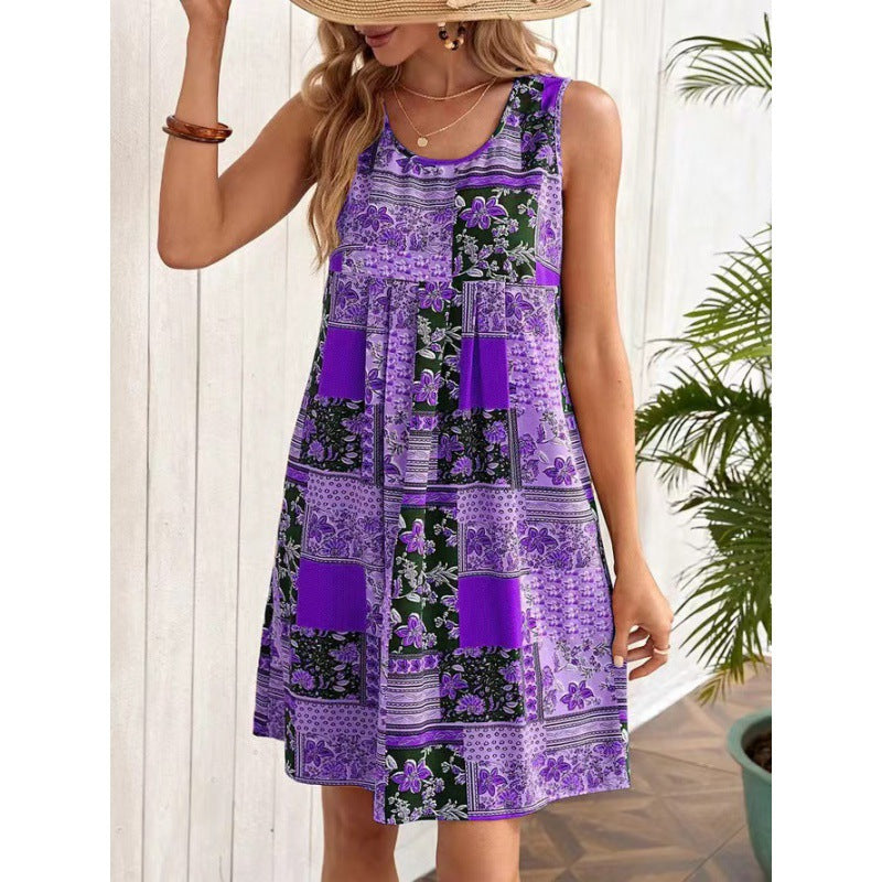 Damen Freizeitleinenkleid mit buntem Patchwork-Design R&B