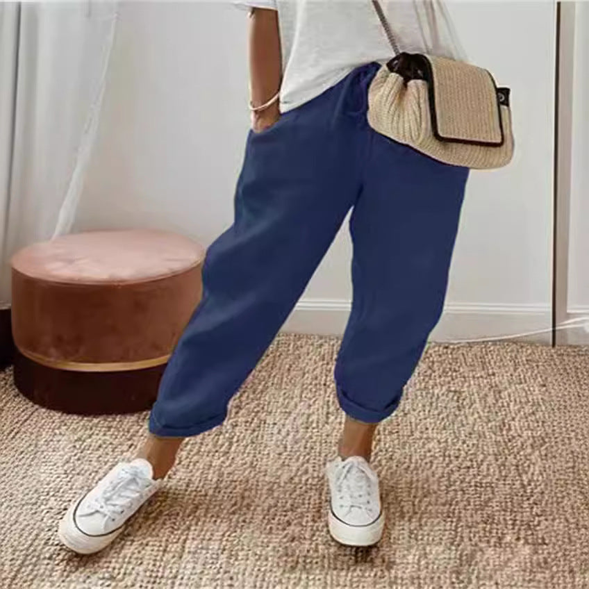 Damen nan leichte Leinenhose mit Kordelzug, lockerer Bundfalten-Passform und gekrempeltem Knöchelabschluss R&B