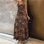 Damen Maxikleid mit Spaghetti-Trägern und asymmetrischem Tiermuster R&B