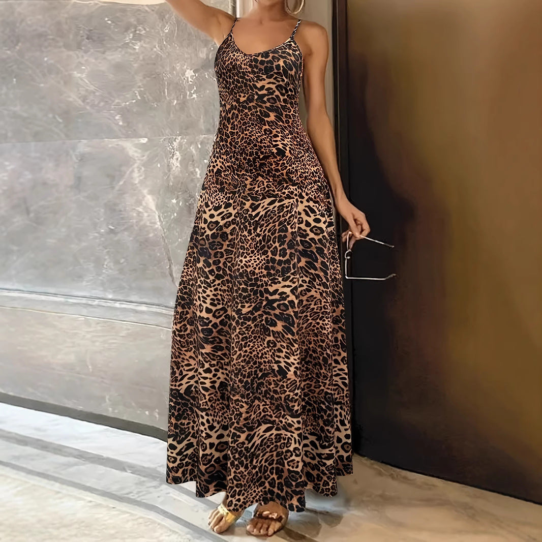 Damen Maxikleid mit Spaghetti-Trägern und asymmetrischem Tiermuster R&B