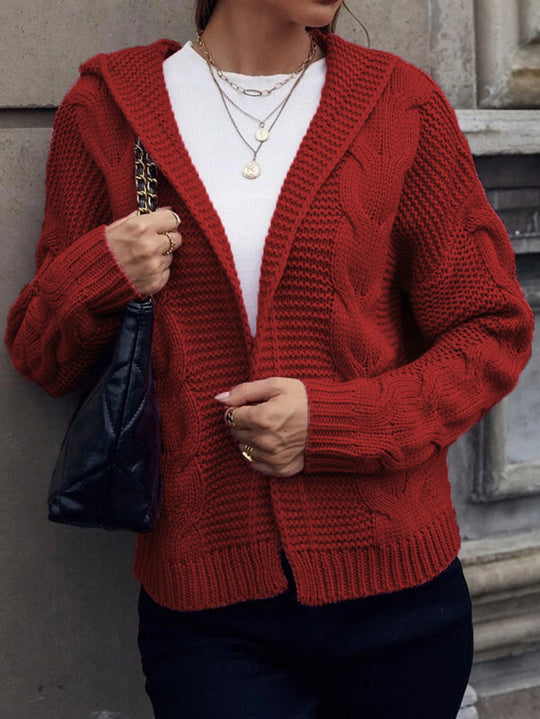Damen Strickjacke mit Kapuze und dekorativem Kabelmuster R&B