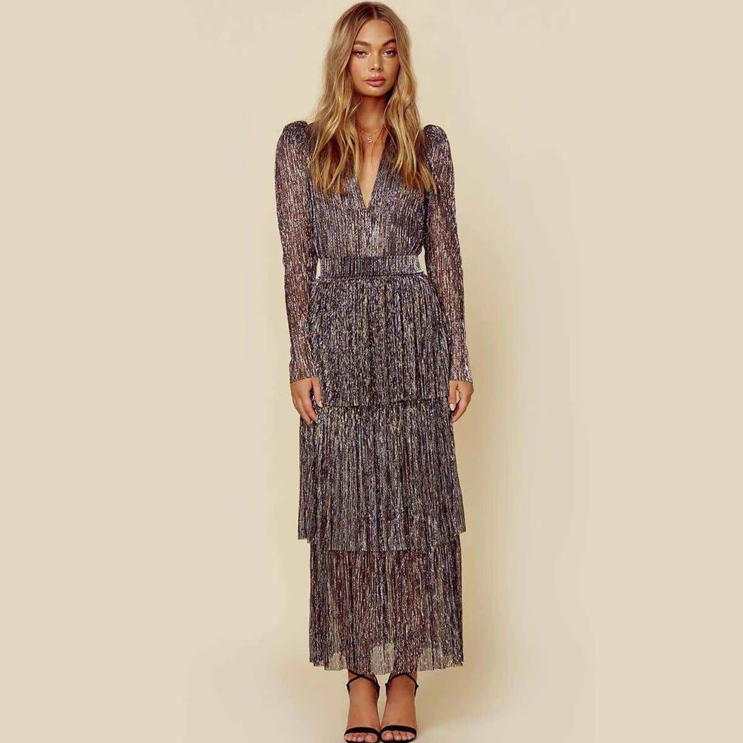 Damen Glamouröses Abendkleid mit schillernden Lagen und V-Ausschnitt R&B