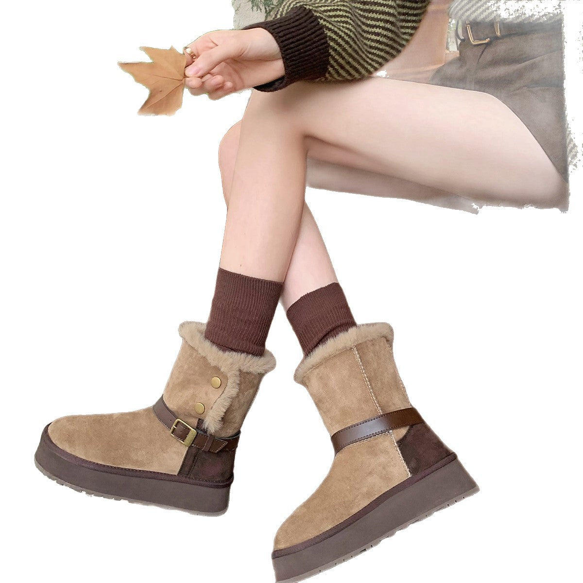 Damen modische Booties mit weichem Kunstfellkragen und praktischem Schnallenverschluss R&B