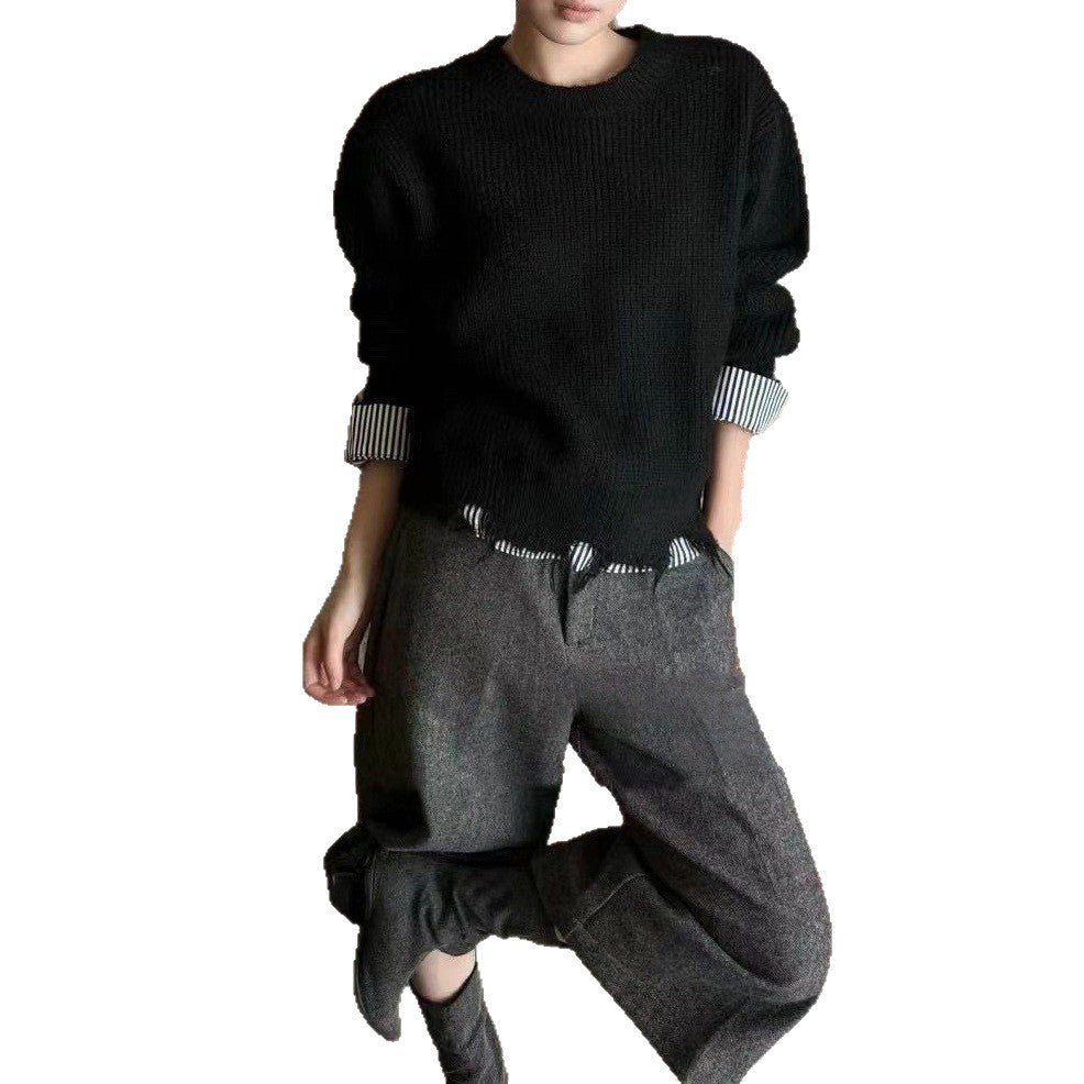 Damen Grob gestrickter Pullover mit einzigartigen Kontrastarmabschlüssen und lässigem Schnitt R&B