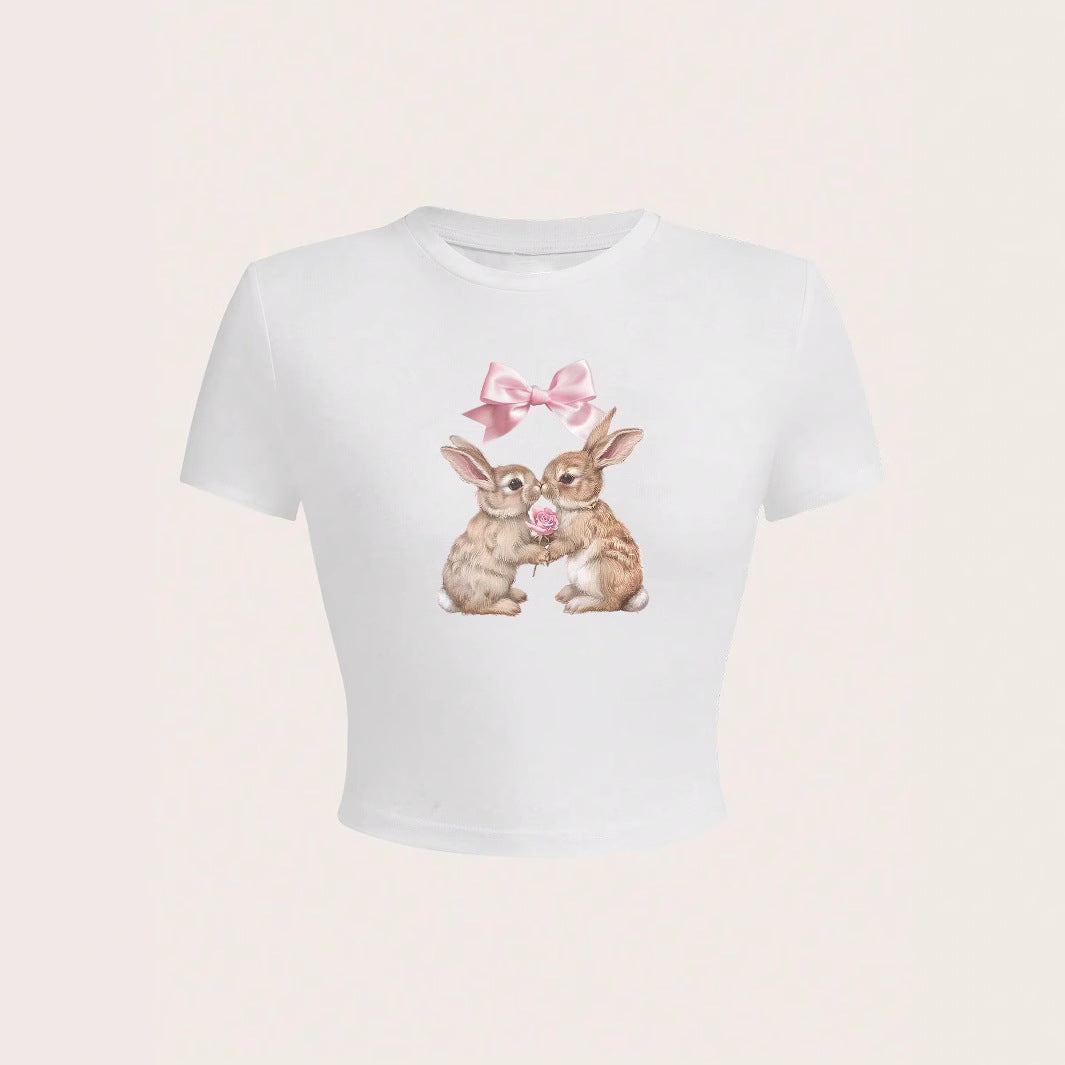 Damen Crop-Top mit entzückendem Kaninchenmotiv und Schleifendruck R&B