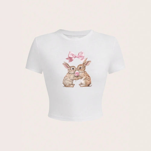 Damen Crop-Top mit entzückendem Kaninchenmotiv und Schleifendruck R&B