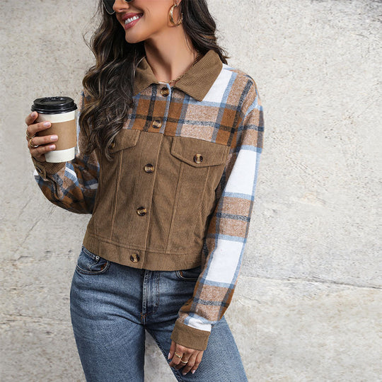 Damen Karo-Cordjacke im lässigen Cropped-Stil mit Brusttaschen R&B