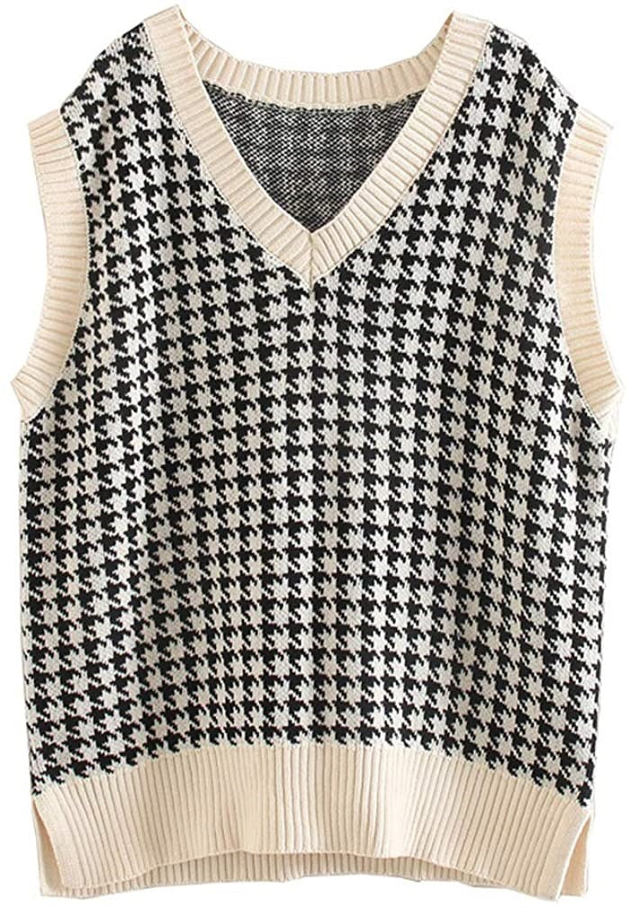 Damen ärmellose Strickweste mit modernem Hahnentrittmuster R&B