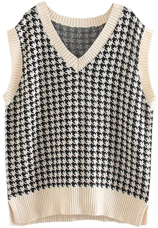 Damen ärmellose Strickweste mit modernem Hahnentrittmuster R&B