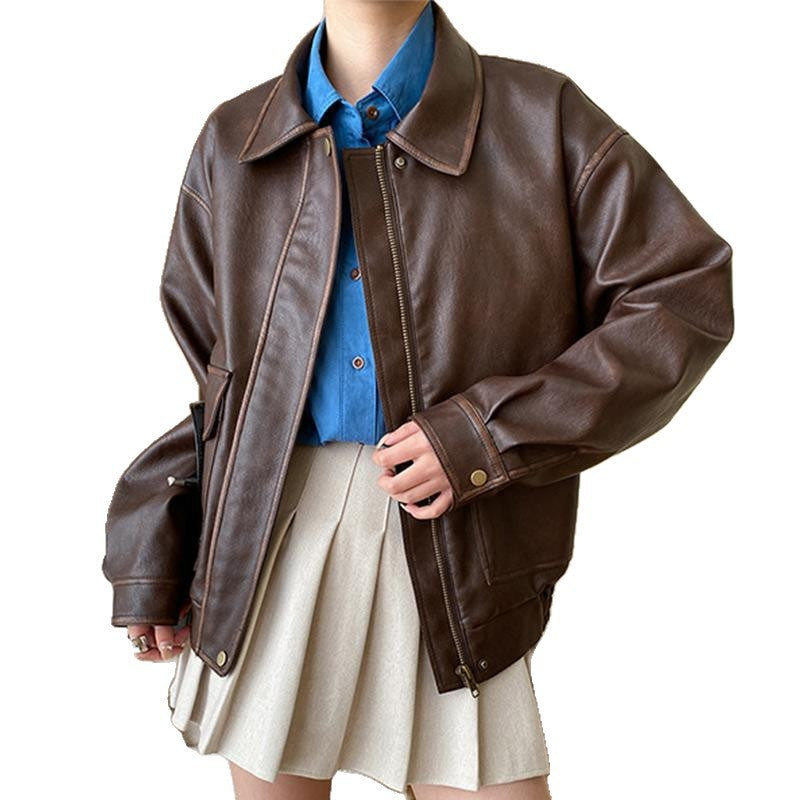 Damen Lässige Kunstlederjacke mit praktischen Taschen und elastischem Saum R&B