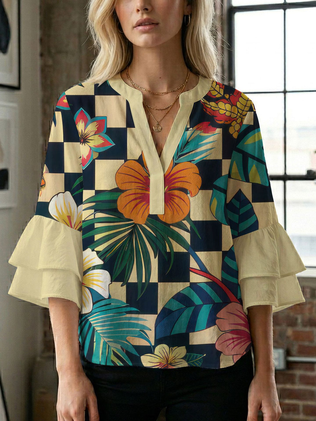 Damen Blusenshirt mit voluminösen Ärmeln und kreativem Druckdesign R&B