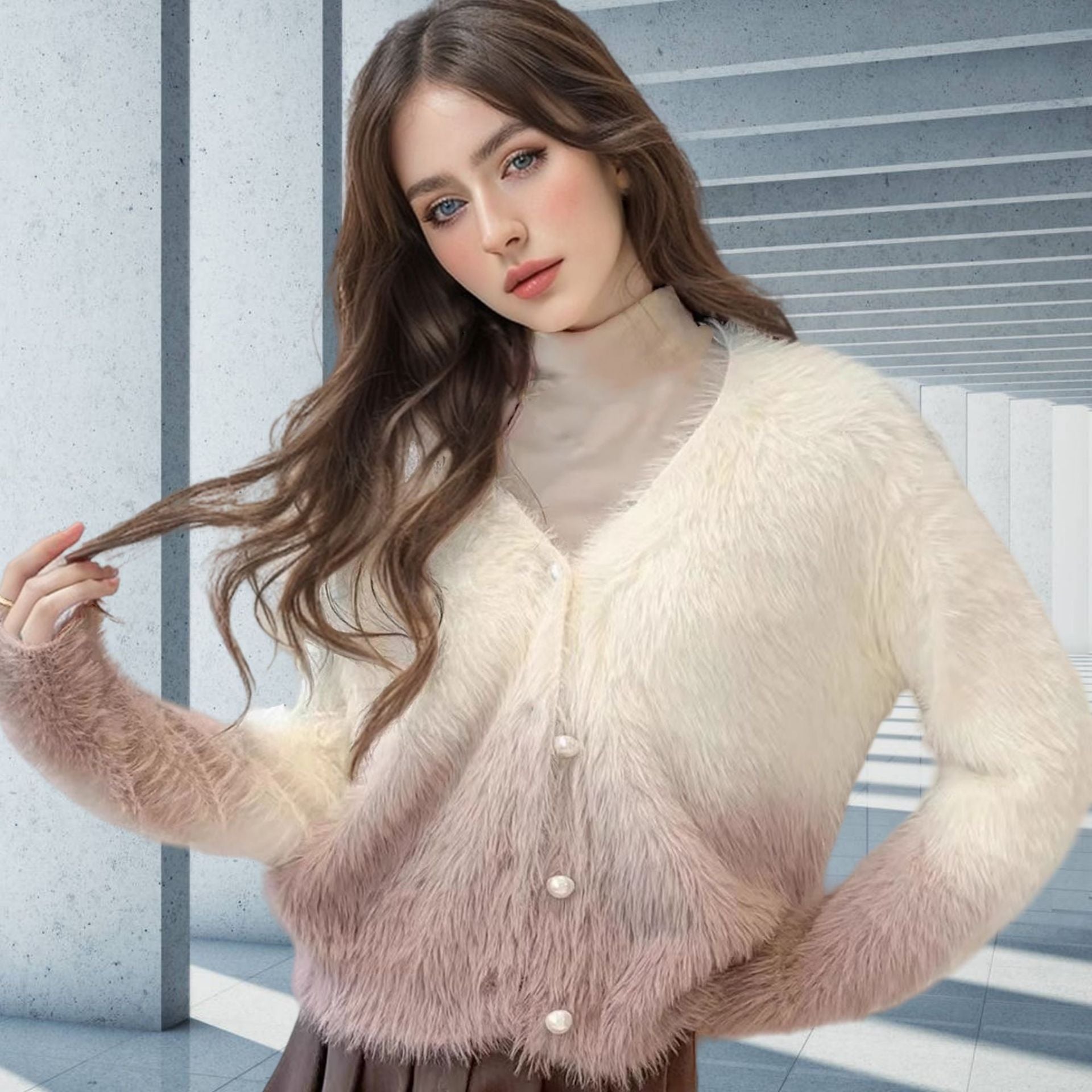 Damen modischer Strickcardigan mit elegantem Kunstfell und Knopfleiste R&B
