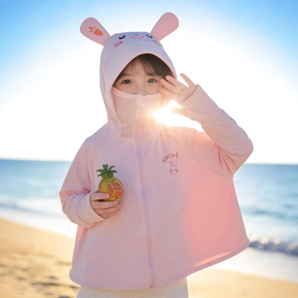 Unisex Nan Kids hoch UPF bewertete Kapuzen-Sonnen-Schutzjacke mit Reißverschluss-Gesichtsschutz und Pferdeschwanzöffnung R&B