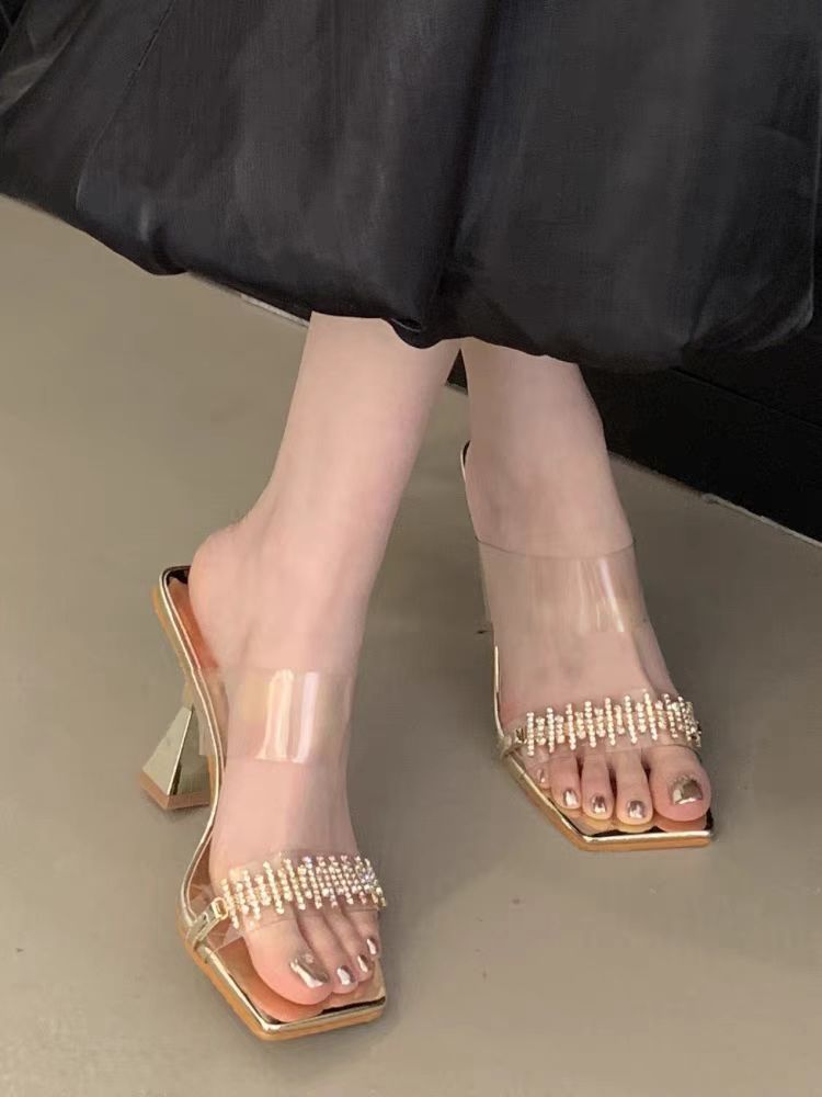 Damen elegante bequeme Sandalen mit transparentem Riemen und Perlenakzenten R&B