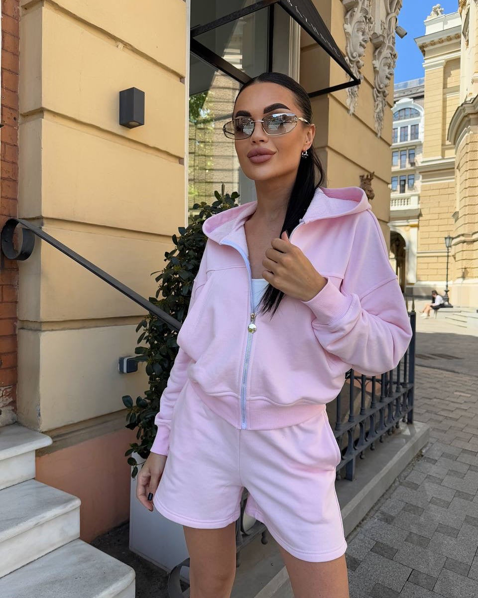 Damen lässiges Cropped Hoodie- und Shorts-Set mit praktischen Kordelzügen R&B