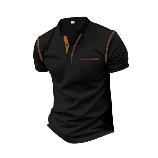 Herren nan Kurzarm-Polo im Henleystil mit Stehkragen, Brusttasche und Kontrastnaht R&B