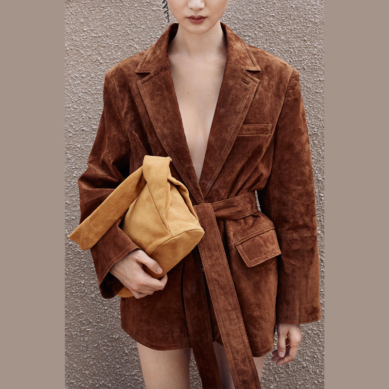 Damen Samt Blazerjacke mit Gürtel und eleganter Passform R&B