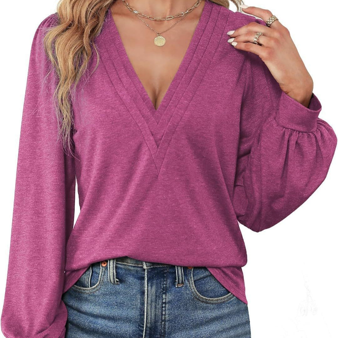 Damen Elegantes Blusenshirt mit V-Ausschnitt und puffförmigen Ärmeln R&B