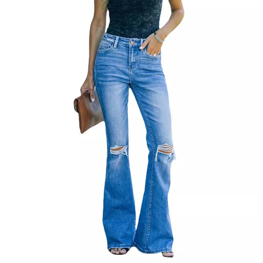 Damen Flared Jeans im Vintage-Stil mit modischen Destroyed-Effekten R&B