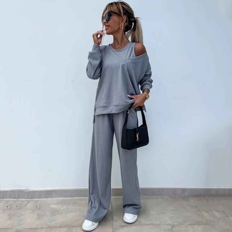Damen lässiges Rippstrick-Set mit asymmetrischen Ausschnitten R&B
