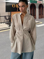 Damen Moderner Wrap-Blusenstil mit Gürtel und Vertikalen Streifen R&B