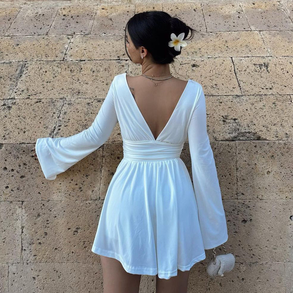 Damen elegantes Kleid mit tiefem V-Ausschnitt und langen Ärmeln R&B