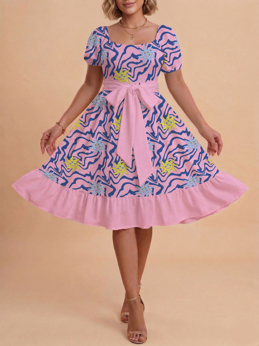 Damen Retro Maxikleid mit Puffärmeln und Taillengürtel R&B