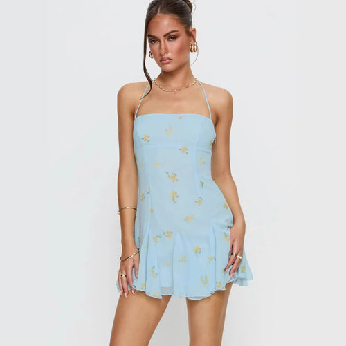 Damen luftiges Spaghetti-Träger Sommerkleid mit floralem Print und schwingendem Rock R&B
