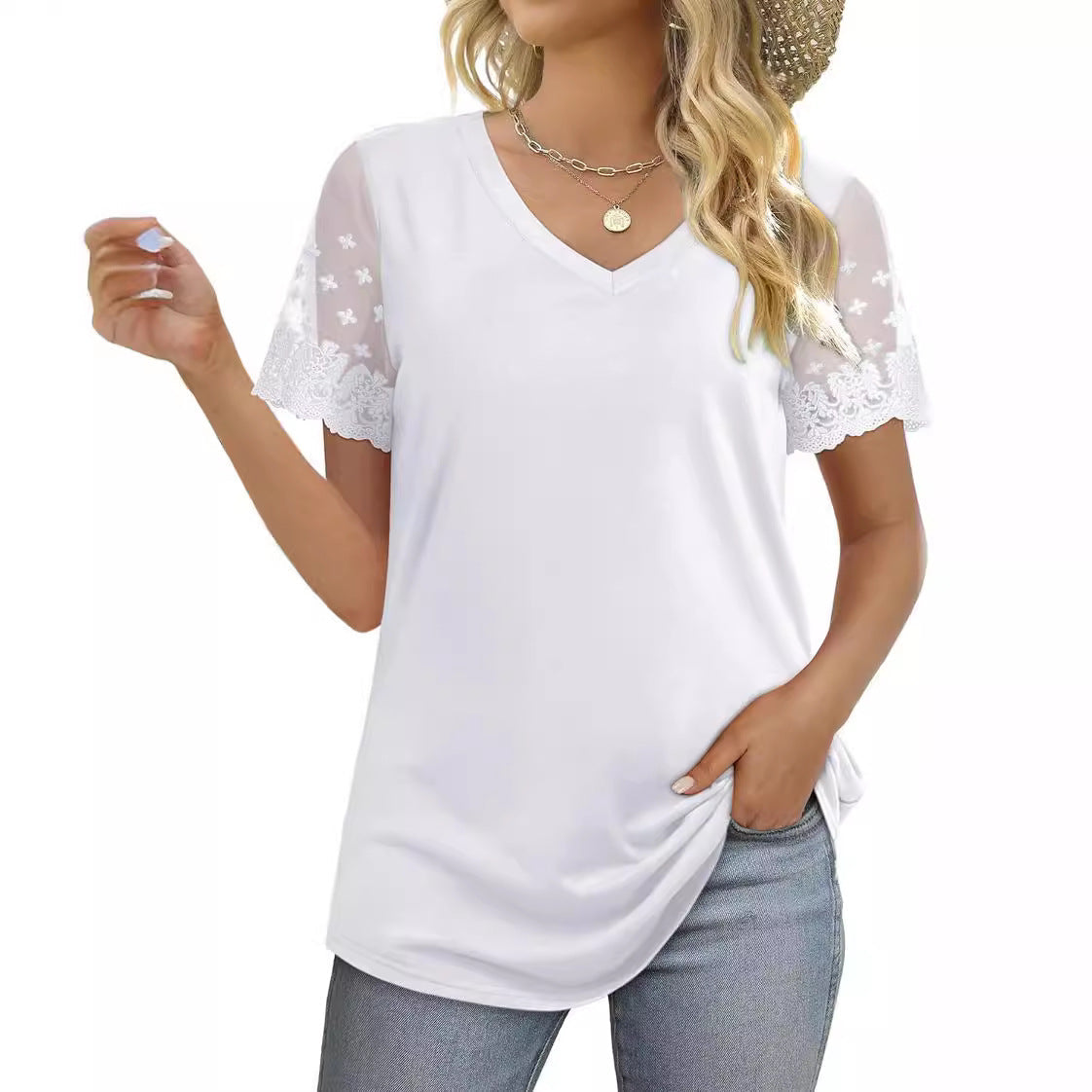 Damen Bluse mit eleganten Spitzenärmeln und V-Ausschnitt R&B