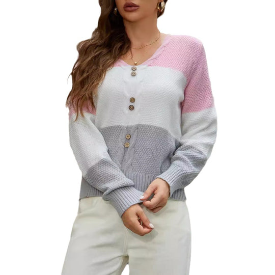 Damen Strickjacke mit modernem Farbblockdesign und luxuriösem Knopfverschluss R&B